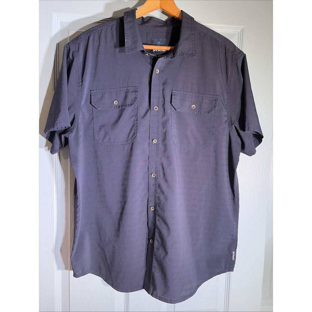 Prana Mens Blue Grid Short Sleeve Button Front Performance Hiking Shirt Large.